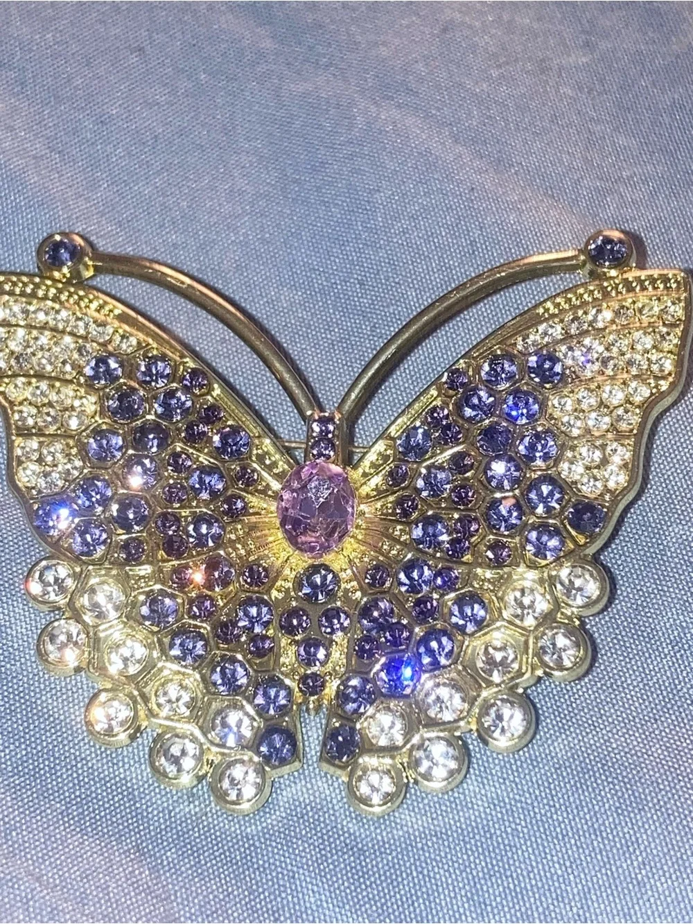 Gold Butterfly Crystal Brooch with Purple and Pink Stones